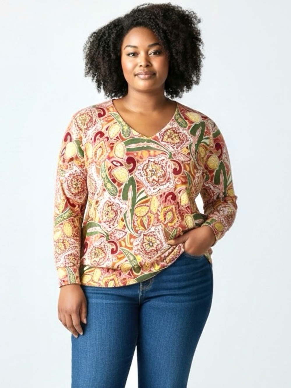 NWOT Talbots Cotton Top Sweater Pullover V-neck Paisley Pink Green Yellow 2X